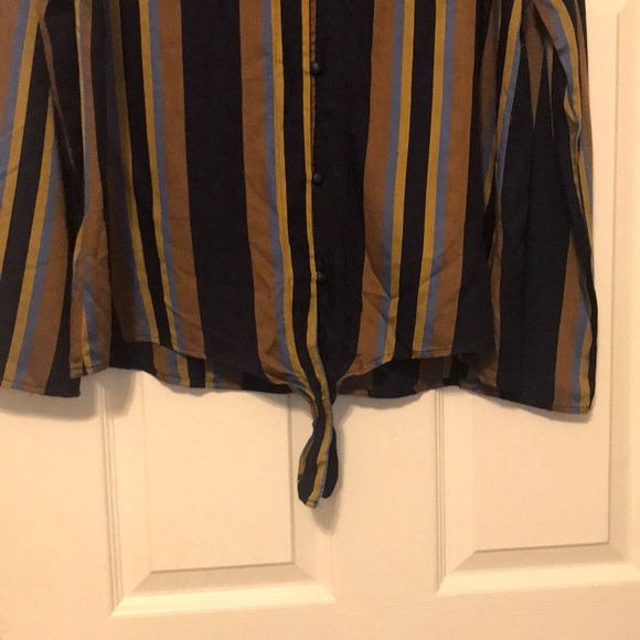 Navy Gold Brown Striped Blouse w/ Tie Knot Bottom - Picture 4 of 4